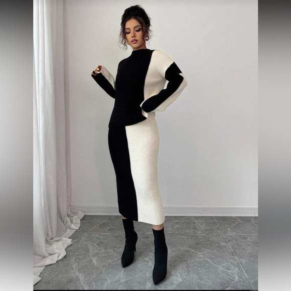 NEW - Women’s Colorblock Vintage Crew Neck Sweater Top And Skirt Set - Picture 4 of 7